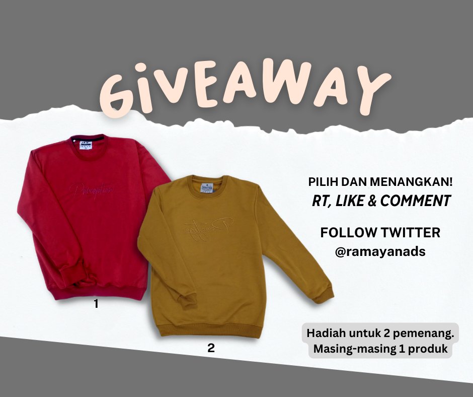 ramayanads's tweet photo. ✨GIVEAWAY TIIIIME✨
PILIH HADIAH DAN MENANGKAN‼️ 

Caranya: RT, Like &amp; tulis di kolom komentar nomor hadiah pilihanmu beserta ukurannya.😎
Hadiah utk 2 pemenang (masing-masing 1 produk) yagesya.

Wajib follow twitter @ramayanads ya! 
RAMAIKAN!

#KerenHakSegalaBangsa https://t.co/1OljBElDIo