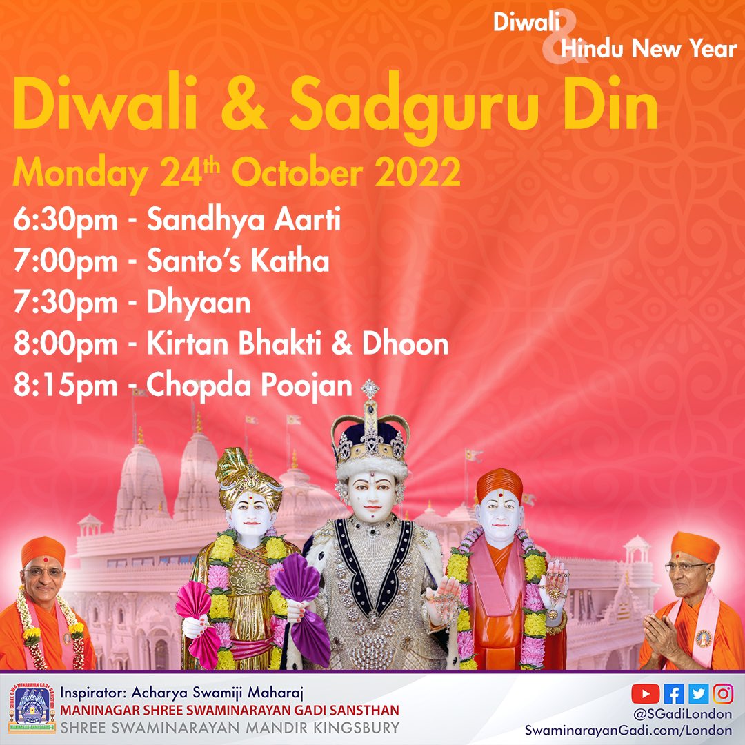 SGadiLondon's tweet photo. Monday 24th October 2022 @ 5pm - Join us at #KingsburyMandir as we celebrate #Diwali & #SadguruDin - the biggest #Hindu #Festival
Festivities include: #Katha #Dhyaan #KirtanBhakti #Dhoon & #ChopdaPoojan
Lord #SwaminarayanBapaSwamibapa
#AcharyaSwamijiMaharaj
#Diwali2022 https://t.co/xnK05W2ptP