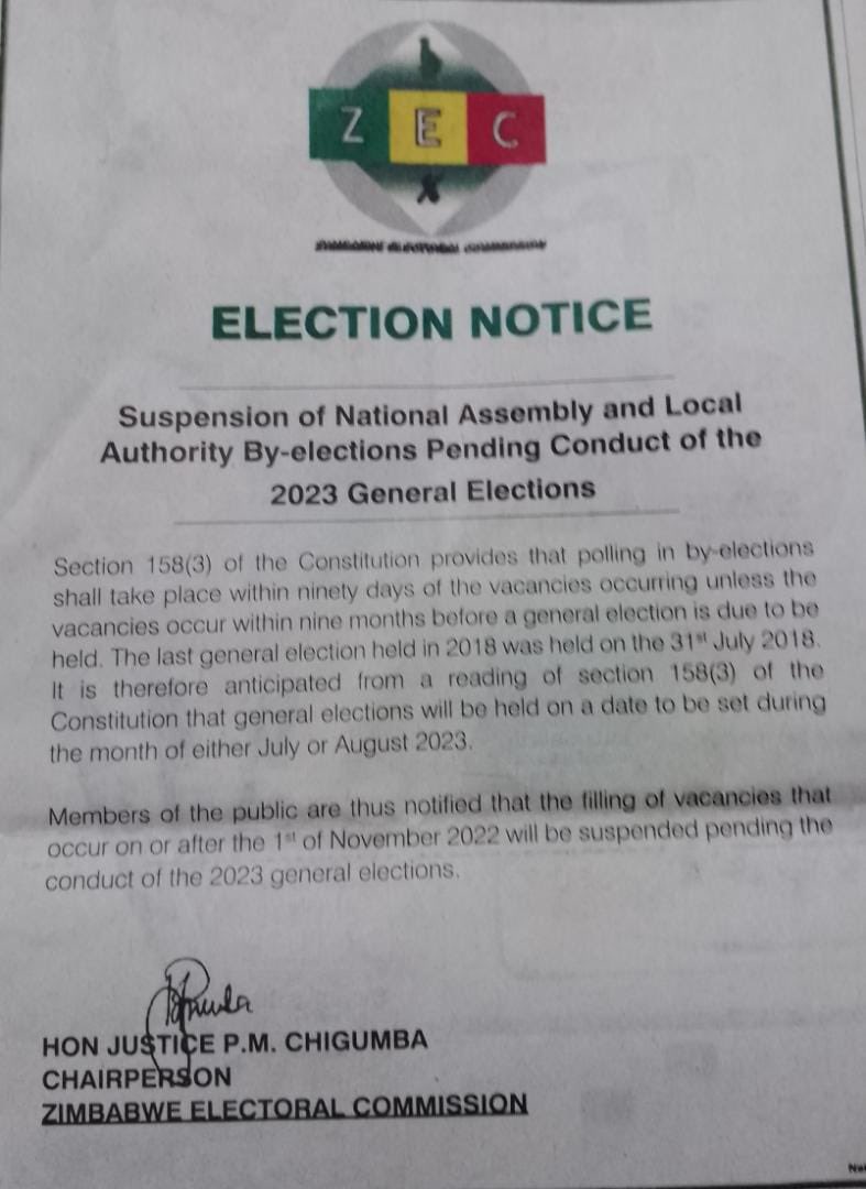 ZECzim's tweet photo. #ElectionNotice for National Assembly and Local Authority pending By Elections before 2023 Harmonized Elections https://t.co/0RW4iVYooQ