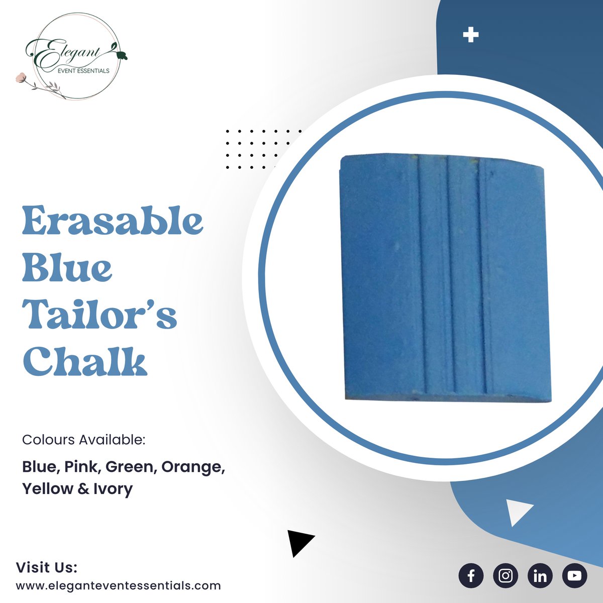 ElegantEventE's tweet photo. Need to mark precise #measurements and write on #fabric? We have a product that is right for you. Use our #Erasable Blue Tailor's #Chalk to make sure you never get wrong with your #stitching.

#ElegantEventEssentials #Craftshop💃🏻 #fabric #Chalk #tailor #decoration #wedding🍸 https://t.co/GTds9XLfVH