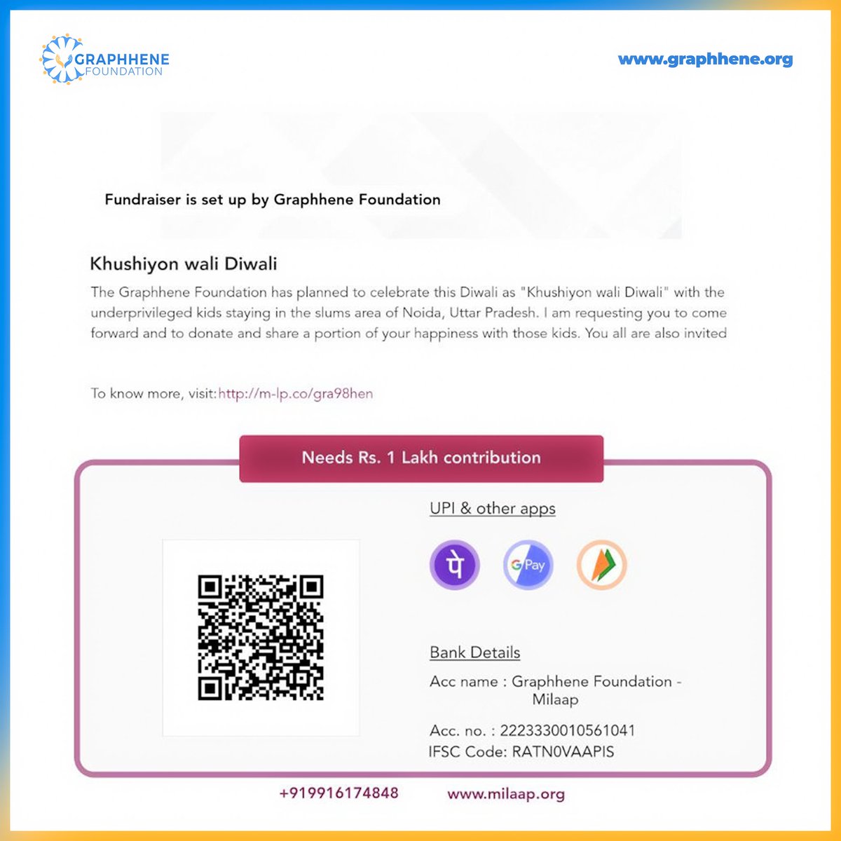 GraphheneF's tweet image. Khushiyon wali #Diwali 🎉
The #Graphhene Foundation has planned to #celebrate this Diwali as Khushiyon wali Diwali with the #underprivileged #kids staying in the #slumsarea of #Noida, #UttarPradesh. 
Please Scan QR Code &amp;amp; #Donate Now 
#fundraising #firecrackers #श्रीहरि #Rupee