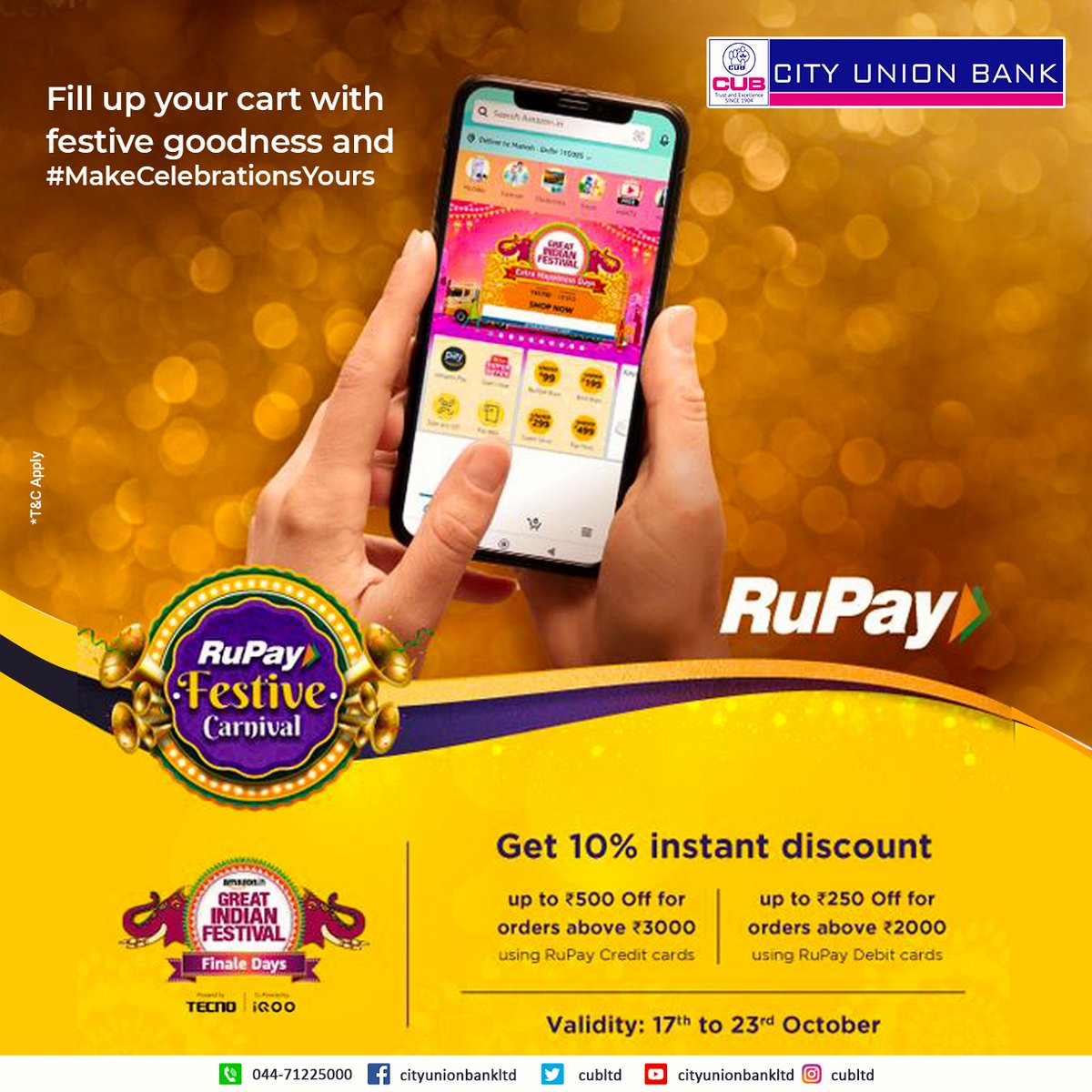 cubltd's tweet photo. Find all your Festive Fancies with Fabulous discounts using CUB Rupay Debit cards, to get  more details Visit: https://t.co/ue5J1mPxkg #rupayoffers #cuboffers #cubltd #cityunionbank https://t.co/tiDjGVt8fu