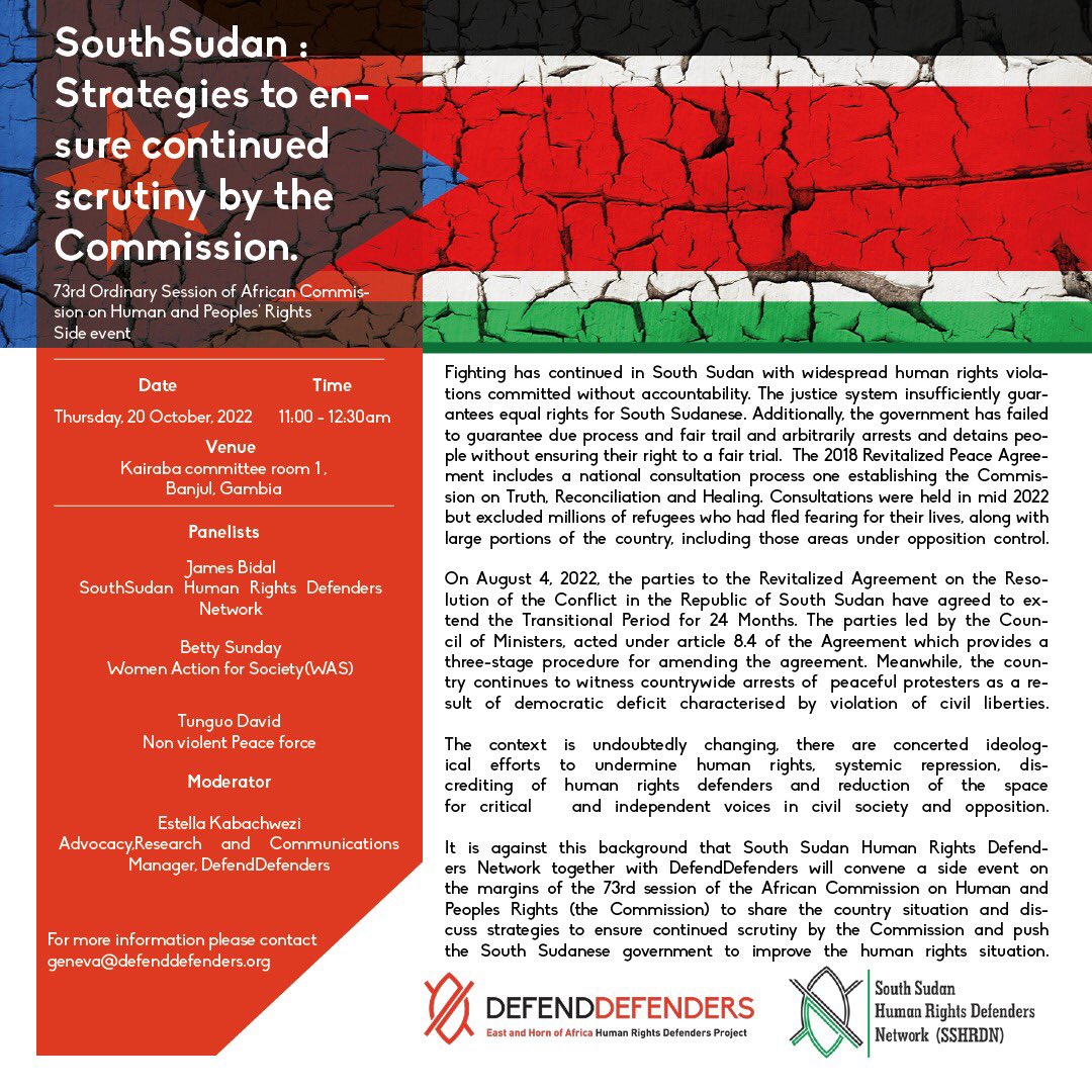 sshrdNetwork's tweet photo. #SouthSudan Together with @DefendDefenders we’re convening this side event today to discuss strategies to ensure continued scrutiny by the @achpr_cadhp on the #HumanRights situation in South Sudan. Follow the conversation #ForumAchpr73 

#ACHPR73 | #StandingWithDefenders https://t.co/6BxDEl3Lao