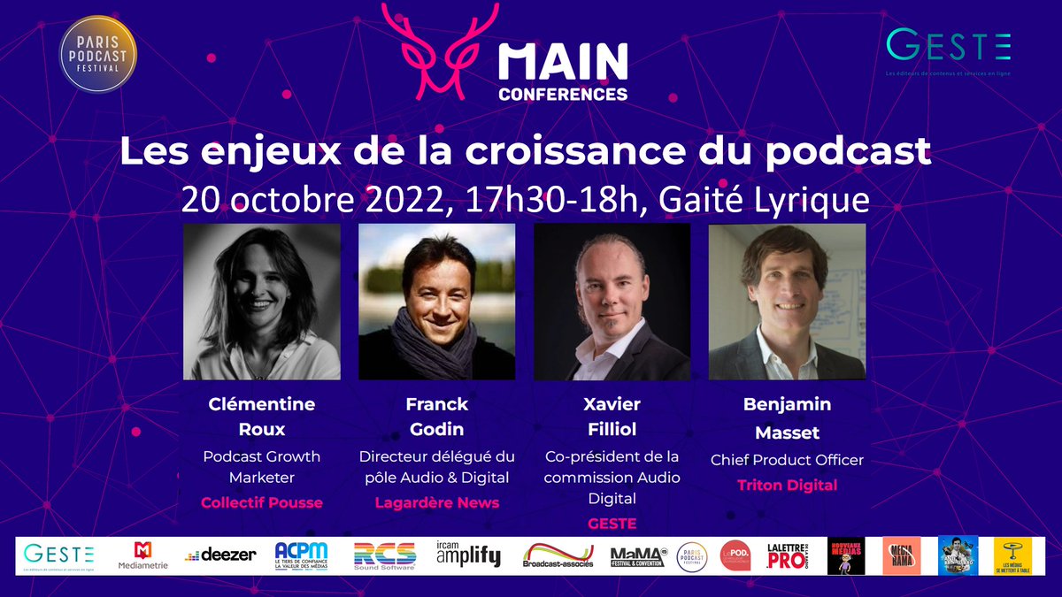 [#MAIN x <a href="/PodcastParis/">Paris Podcast Festival</a> PRO &amp; <a href="/CB_News/">CB News</a>] Les enjeux de la croissance du #podcast en débat ce jour à 17h30 à la <a href="/gaitelyrique/">La Gaîté Lyrique</a> avec <a href="/rouxclementine/">GU</a>, <a href="/FranckG78/">Godin Franck</a> <a href="/LagarderePNews/">Lagardère Publicité News</a> <a href="/benjaminmasse/">Benjamin Masse</a> <a href="/TritonDigital/">Triton Digital</a>, <a href="/xfilliol/">Xavier Filliol</a> <a href="/geste/">GESTE</a> / <a href="/RadiolineFrance/">Radioline</a> #Mediaplanning #Publicité #Marketing