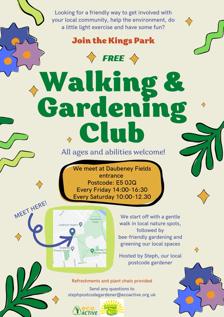 PostcodeGardenr's tweet photo. Are you a #KingsPark ward, Hackney resident? Want a friendly way to support nature, keep fit and have fun? Join us this Friday & Saturday for the very first meeting of our new Walking and Gardening club! We'll go for a gentle walk in #DaubeneyFields followed by some bulb planting https://t.co/aBHH1gkrWi
