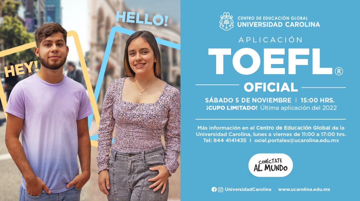 Presenta tu examen TOEFL oficial 🌎 y conéctate al mundo en inglés.
🚩🚩Ultima aplicación Nov 5 / 15:00 hrs
Regístrate aquí bit.ly/TOEFL5Nov
--
Fecha límite de registro: Jueves  / Nov 3
#SoyDragón #soylibre