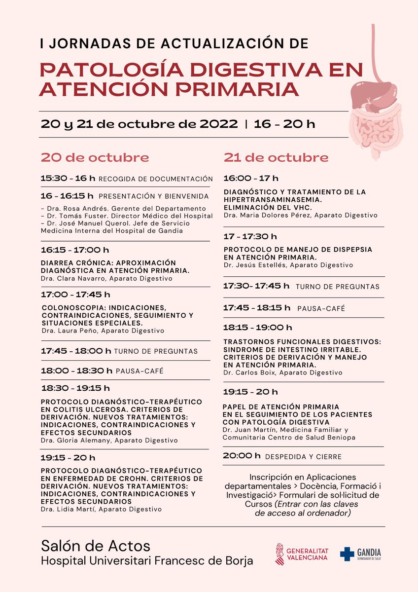 🏥 Hoy y mañana acogemos las jornadas de Patología Digestiva para Atención Primaria del Departamento, auspiciadas por AISSA. 
👩🏻‍💻 👨🏼‍💻 Para aquellos que no os habéis podido inscribir a través de la aplicación interna de Docencia: gvsanidad.webex.com/gvsanidad/j.ph…
#digestivo