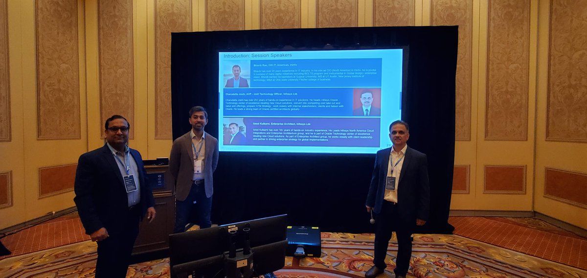 InfosysEvents's tweet photo. Bhavik Rao shared his enriching experience of building a lead to cash solution with Oracle and Infosys for Vertiv at Oracle #CloudWorld. Charudutta and Amol threw light on how Infosys helped Vertiv in this transformational journey. #InfyAtOCW22 #OCW #InfosysOracleServices https://t.co/uxcjm5gCmn