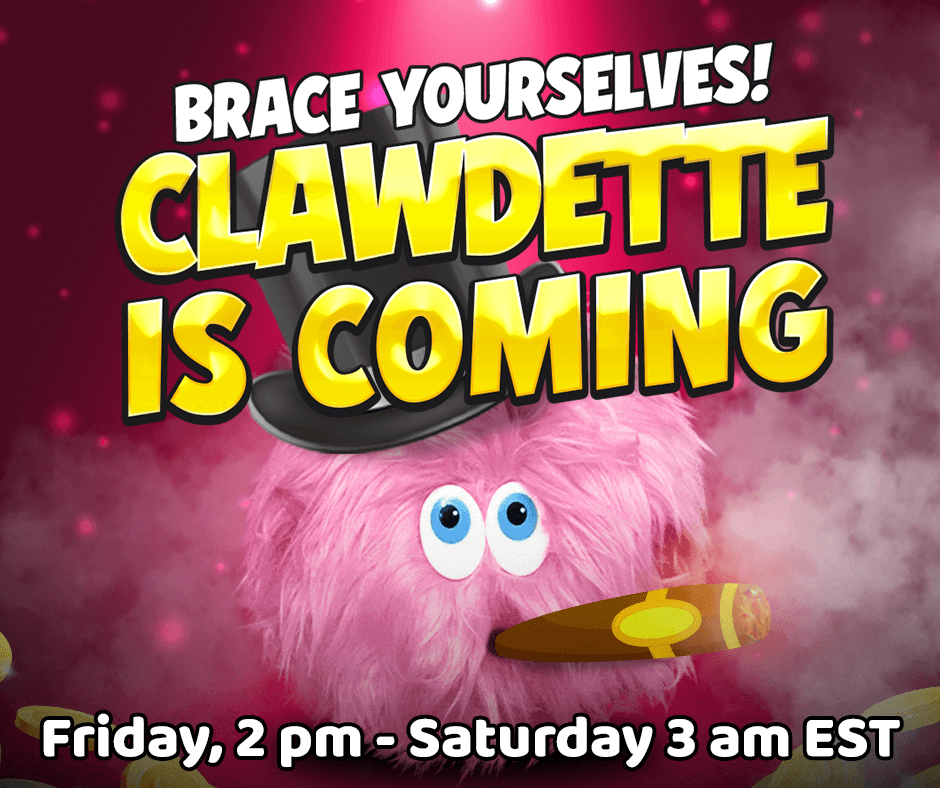 Clawdette's coming to hop around the studio and give out WINS! 🤩

💓 Pick your favorite prize and play for it. 
💓 If Clawdette appears, and you don’t win your prize, she’ll help! 
💓 If she jumps into your game you’ll AUTOMATICALLY WIN your prize (not Clawdette).

#LadyLuck