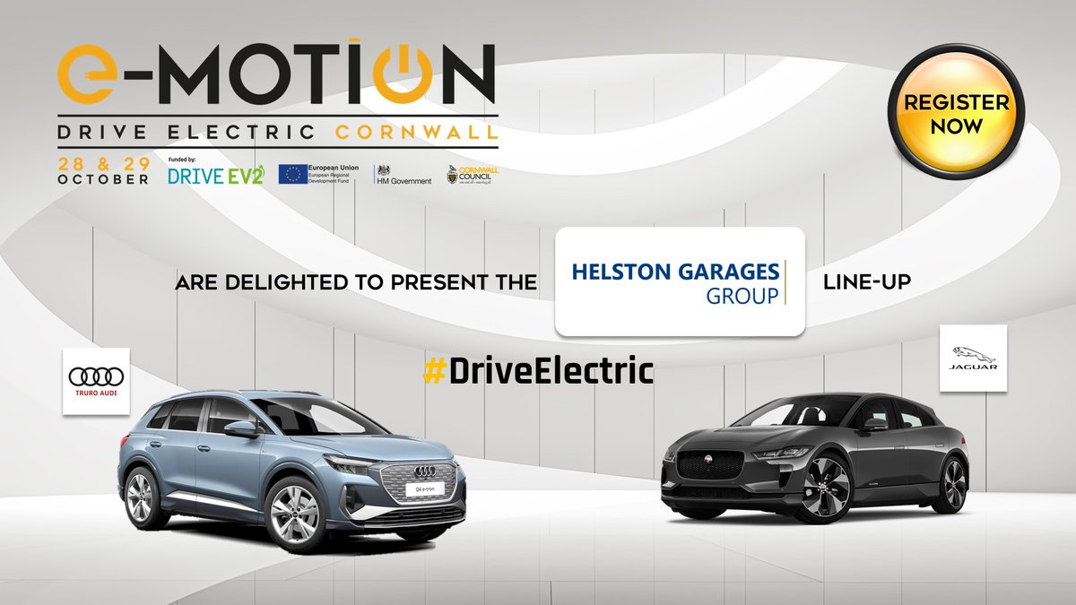 eMotionCornwall's tweet photo. Join Helston with @truroaudi &amp; @CarrsTruro on 28 &amp; 29 Oct for a FREE event where YOU get to test drive an #ElectricVehicle that could be your next car! Staged by @CornwallCouncil E-MOTION is funded by the European Regional Development Fund REGISTER NOW: https://t.co/EHTV3p5q55 https://t.co/Pe79POZXUZ