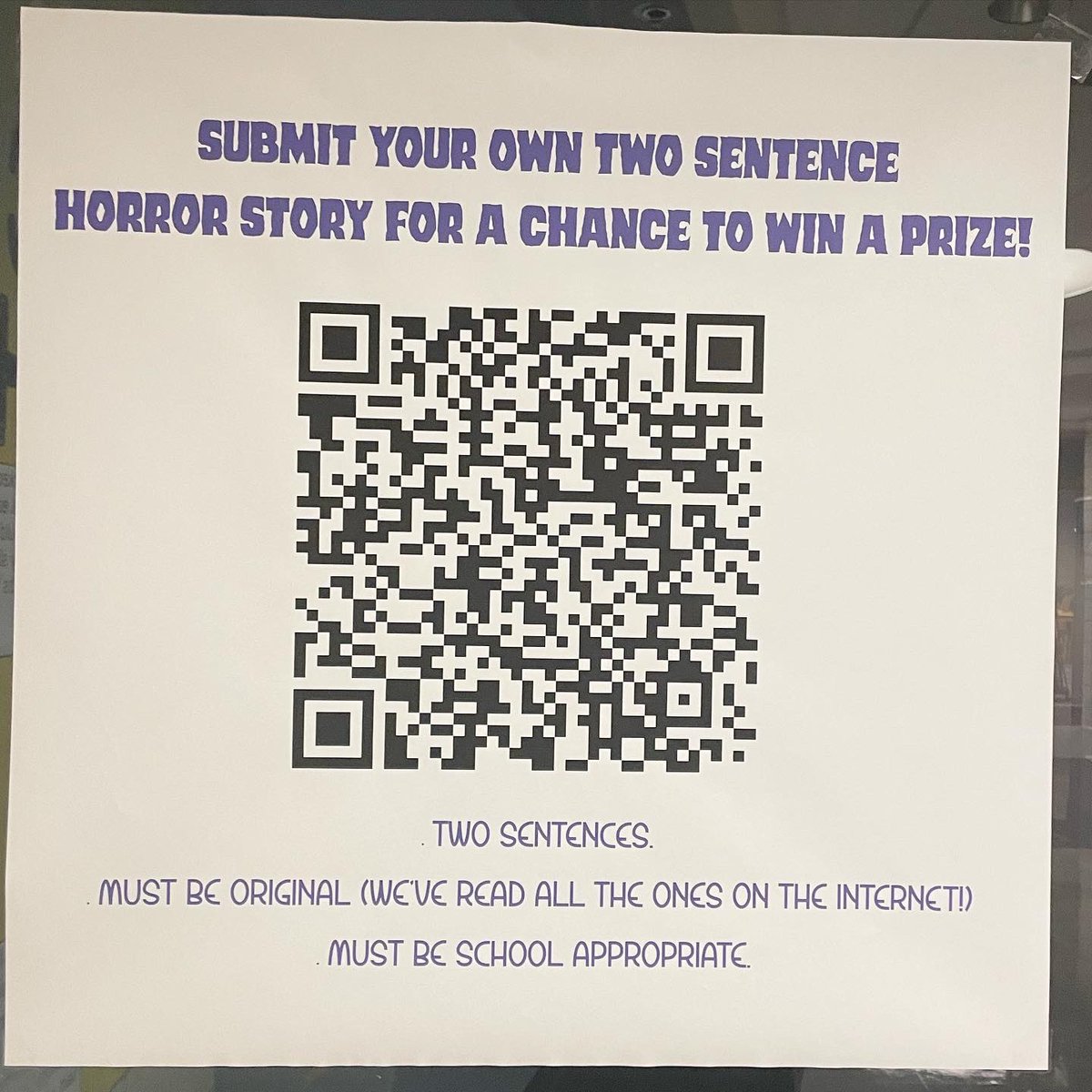 EHS_Lib's tweet photo. Stop by the library to participate in the two sentence horror stories contest!!!
.
.
.
#eurekahighschool #eurekawildcats #bookstagrampl #bookstagramer #ehslibrary #ehsreads #halloween #horror #horrorstories https://t.co/StnaSCMV3f