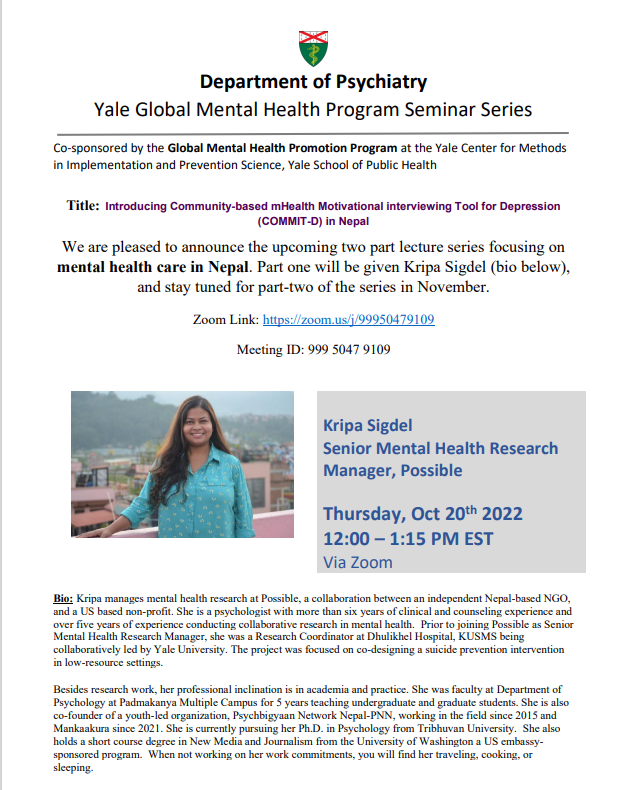 BibhavAcharya's tweet photo. Happening today!
@KripaSigdel from @possiblehealth will share our @NIMHgov funded @UCSFPsychiatry study: community health workers use an app for adherence to depression treatment in rural Nepal. Hosted by @YalePsych global mental health
@drtediheanacho 
https://t.co/krXof23qZD https://t.co/Qev3v4UGPc