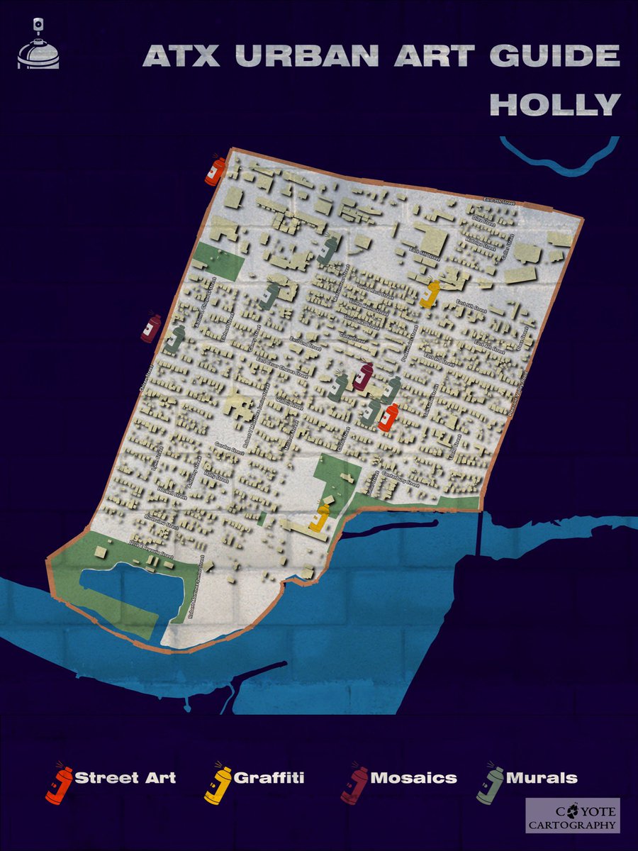 CoyoteCarto's tweet photo. #Map of Holly Neighborhood in #Austin #Texas inspired by #ATXUrbanArt, still a work in progress #cartography #qgis https://t.co/98pxI3nkTI