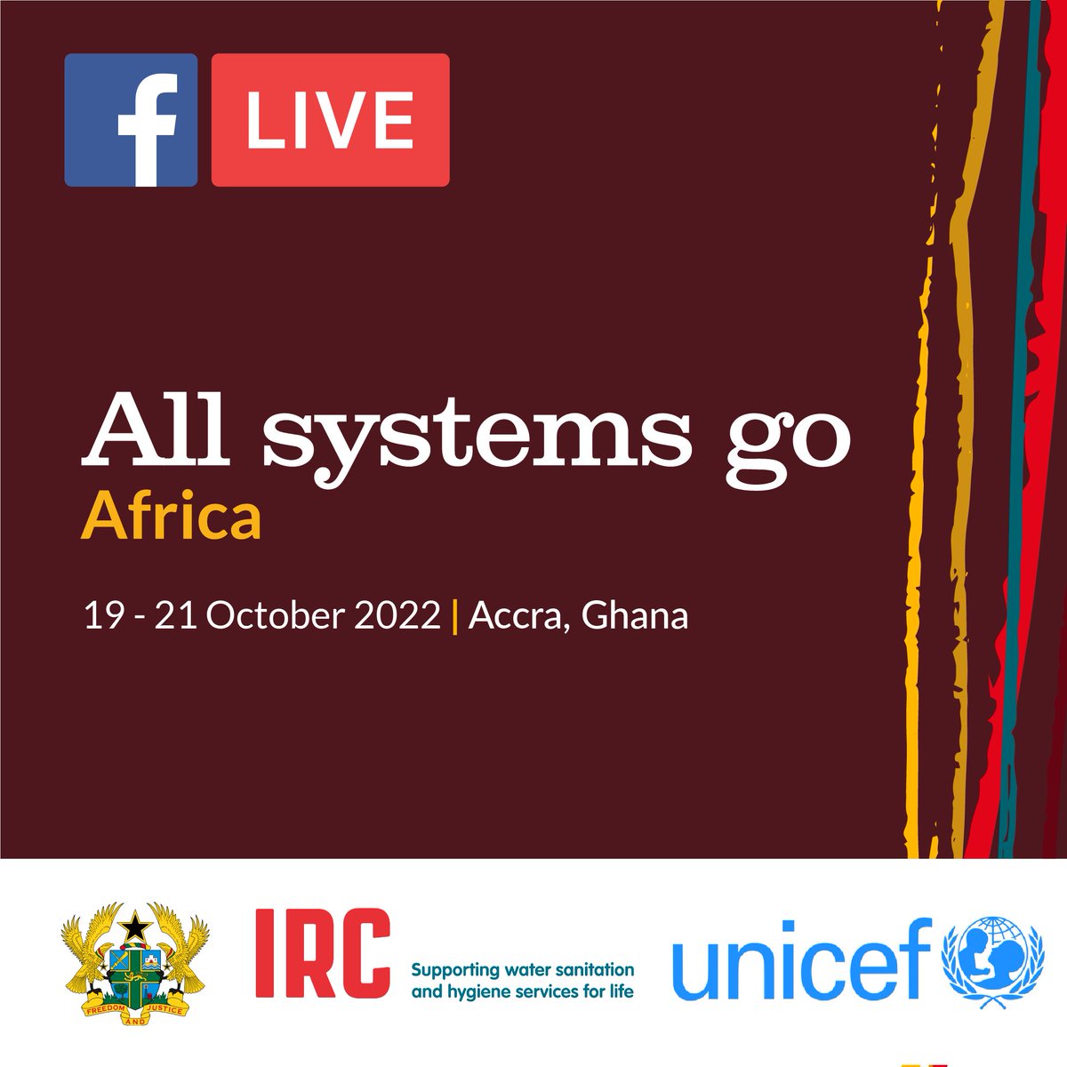 Ajourd'hui | 20 octobre | 16h00-17h30 GMT
#AllSystemsGoAfrica
Plénière finale : Action pour l'avenir de l'eau et de l'assainissement en Afrique

Comment participer en ligne ?
➡️1 Suivez IRC via facebook.com/ircwash
➡️2 Ouvrez la page à l'heure de début des diffusions en direct