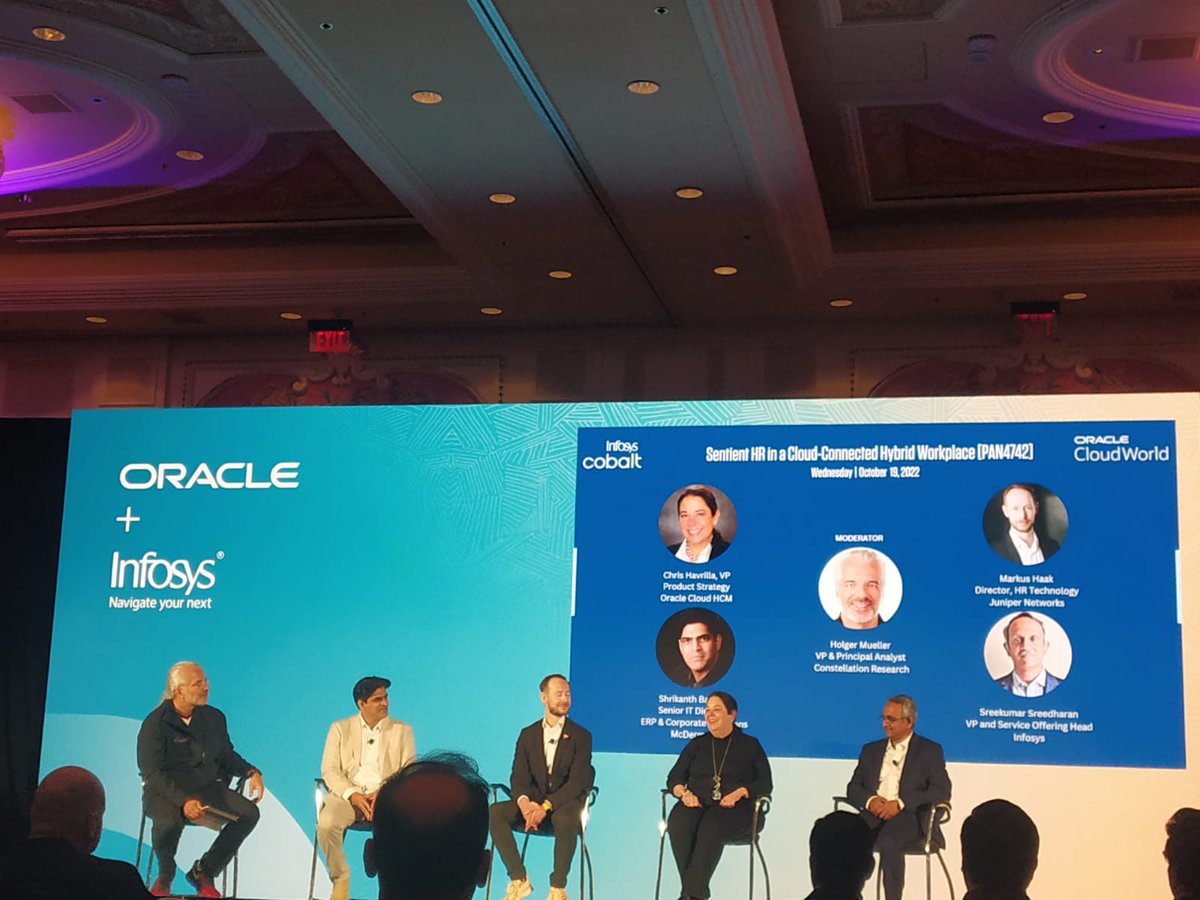 Infosys's tweet photo. Infosys kicked off Day 2 of Oracle #CloudWorld with Chris Havrilla, Markus Haak, Shrikanth Bartan, Holger Muller and Sreekumar Sreedharan sharing insights on how HR strategies can be refreshed to build a sentient HR organization in a panel discussion. #InfyAtOCW22 #OCW https://t.co/nUzxrRJBPb