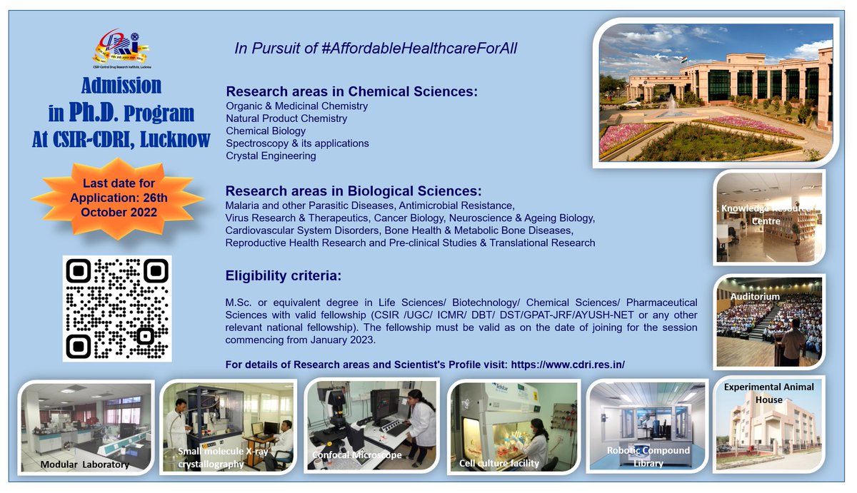 #Opportunity for admission in #PhD #program @CSIR_CDRI Apply: cdri.res.in/CDRIPhD072022/ @AcSIR_India @symbiosistweets @Gyan_Vihar @manav_rachna @IIHMRUniversity @bharati_vp @RKUniversity @OPJUniversity @OfficialMdu @universitymewar @jecrcuniversity @ModyUniversity @GJUHSR