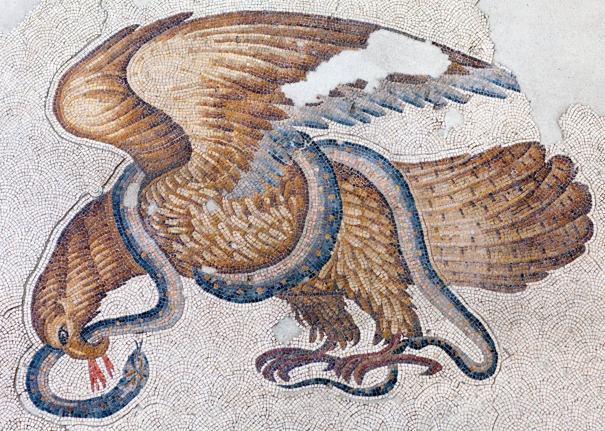 Eagle with Serpent - Byzantine mosaic in the Great Palace of Constantinople, dating to the reign of Byzantine emperor Justinian I, 6th century A.D. Photographer: Zzvet_135 on Adobe Stock.