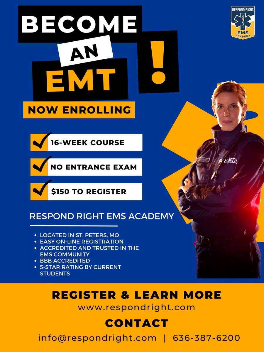 respondright's tweet photo. Are you ready to start an exciting new career as an EMT ?  EMT classes are now forming. Classes are conveniently located in St. Peters, MO. Easy online registration. 
info@respondright.com  636-387-6200
https://t.co/X9lR0HlnJs https://t.co/d9tkl8NNCN