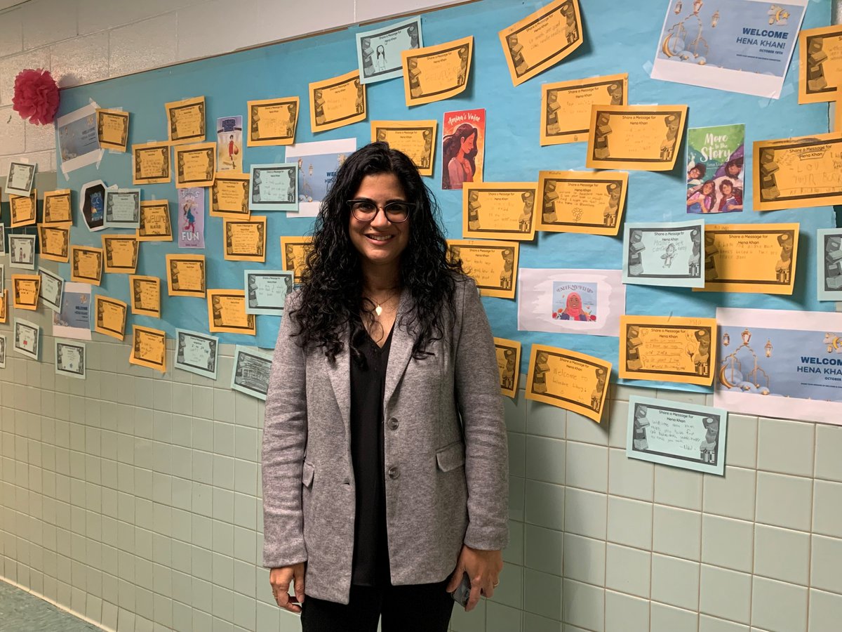 belvederelib's tweet photo. The amazing @henakhanbooks shared her writer's journey with our @BESbulldogs. Our Ss created a Welcome Wall connecting to her books and life in different ways. @FCPS_LIS @FCPS_TitleI #WeREADDiverseBooks #BulldogsRead https://t.co/zNm7fF2WnO