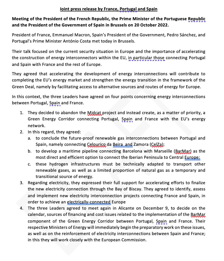 GenicotD's tweet photo. Joint statement by 🇫🇷🇪🇸🇵🇹 on energy interconnections. They "decided to abandonc the #Midcat project and instead create, as a matter of priority, a Green Energy Corridor" #EUCO https://t.co/bOH2cHotuJ