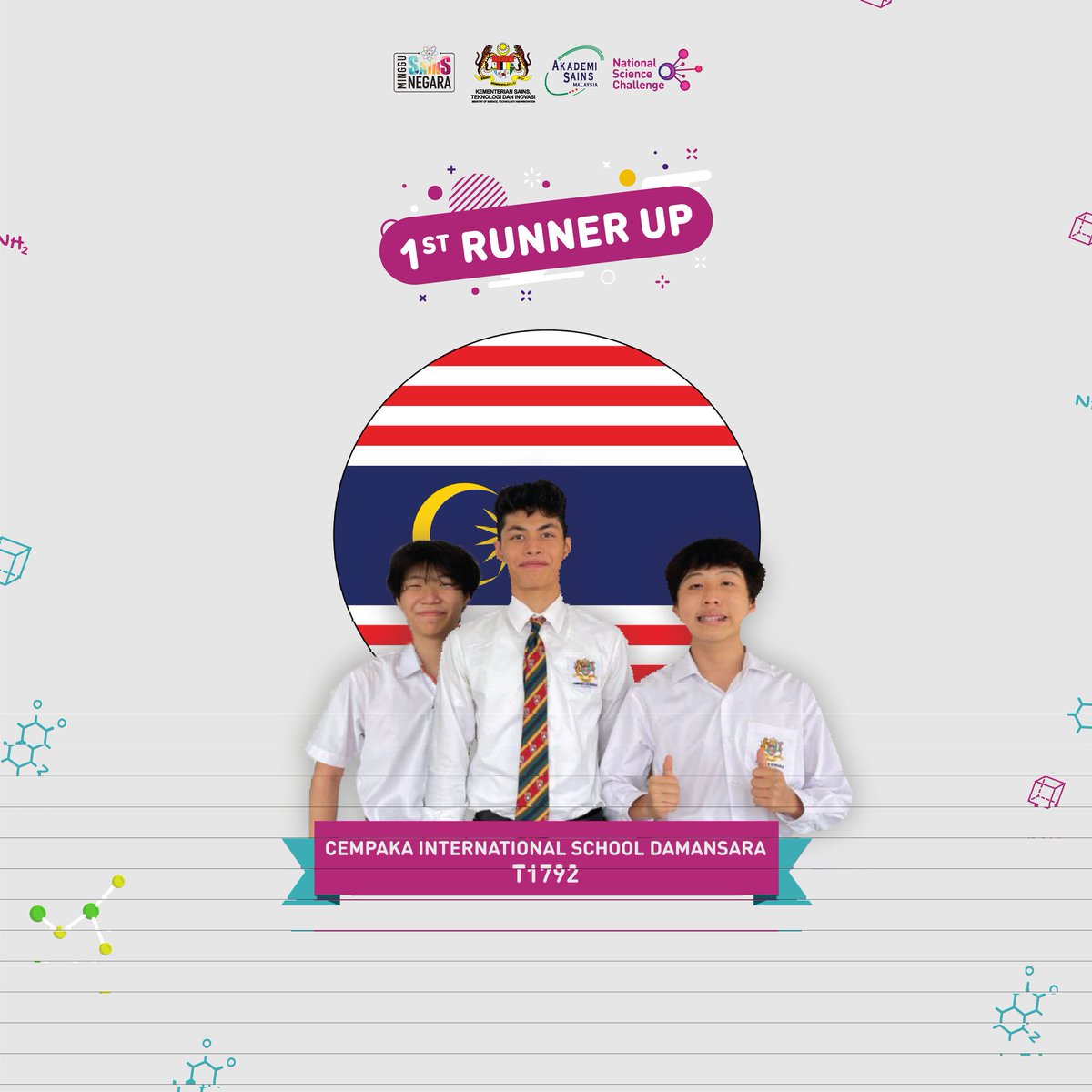 nsc_my's tweet photo. The NSC 2022 first runner up goes to Cempaka International School Damansara representing Kuala Lumpur. Congratulations to the winners!

#MSN22 #NSC22 #MerakyatkanSains #MenginsankanTeknologi #STEM https://t.co/VURxm4hNwf