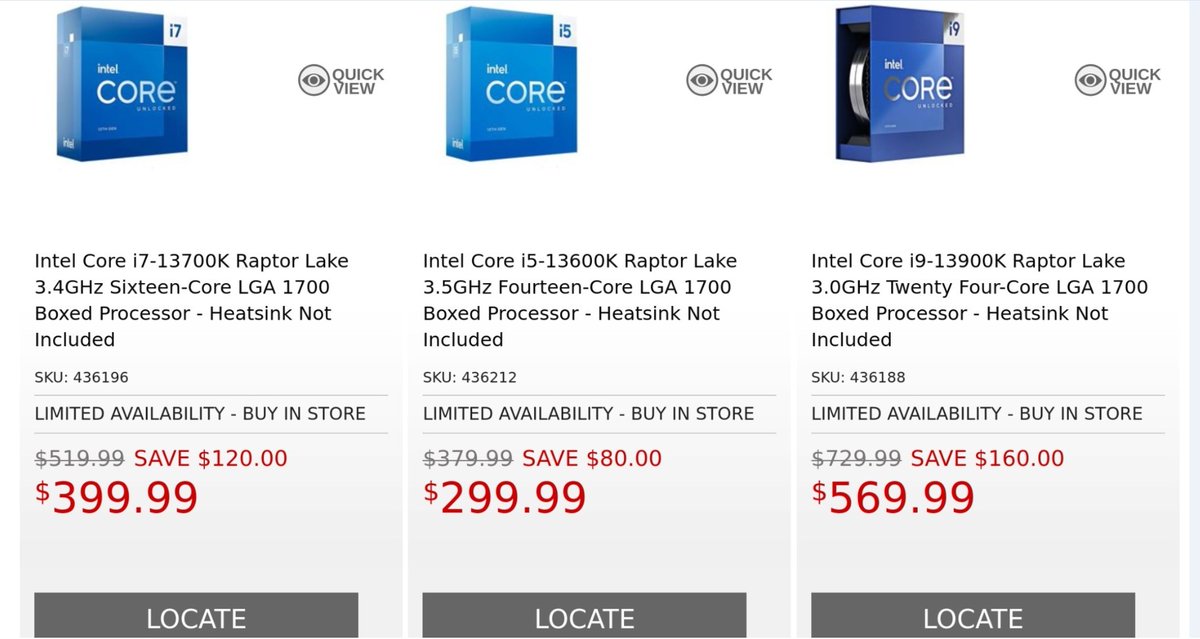 hms1193's tweet image. Microcenter Prices:

13900K - $569.99 ($180 US lower than 7950X)
13700K - $399.99 ($150 US lower than 7900X)
13600K - $299.99 ($100 US lower than 7700X)

KF prices should be even lower