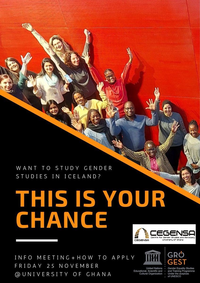 ug_cegensa's tweet photo. Are you interested in the Gender Equality Studies and Training (GEST) Programme in Iceland?  To attend the information session at the University of Ghana, 
Click here to register -> https://t.co/FS7PDl4LRH | @GEST : GEST educates and trains young professionals in gender equality https://t.co/qflyJsuUYT