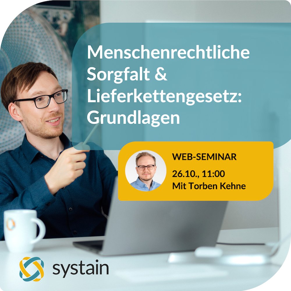 systainconsult's tweet photo. Wie sich Unternehmen auf das kommende LkSG (#Lieferkettengesetz) vorbereiten können - und warum die Achtung der #Menschenrechte mehr bedeutet als konform mit dem LkSG zu sein - verraten wir in unserem nächsten Web-Seminar. 

Jetzt anmelden ⏩ https://t.co/1XpNUTnoAe  
#webinar https://t.co/2ZJFf247hi