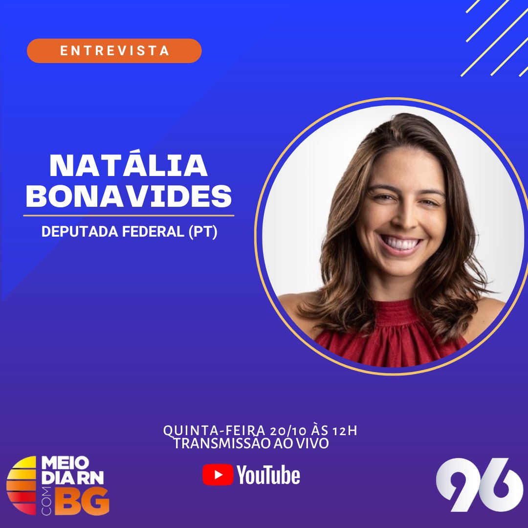 Entrevistada desta sexta-feira é o Deputada Federal, Natália Bonavides. 

▶️ Participe do programa através do  WhatsApp do Meio-Dia RN: +55 84 99212-2276. 

Acompanhe o Meio-Dia RN no canal da 96 FM no YouTube 
▶️ youtube.com/96fmnatal