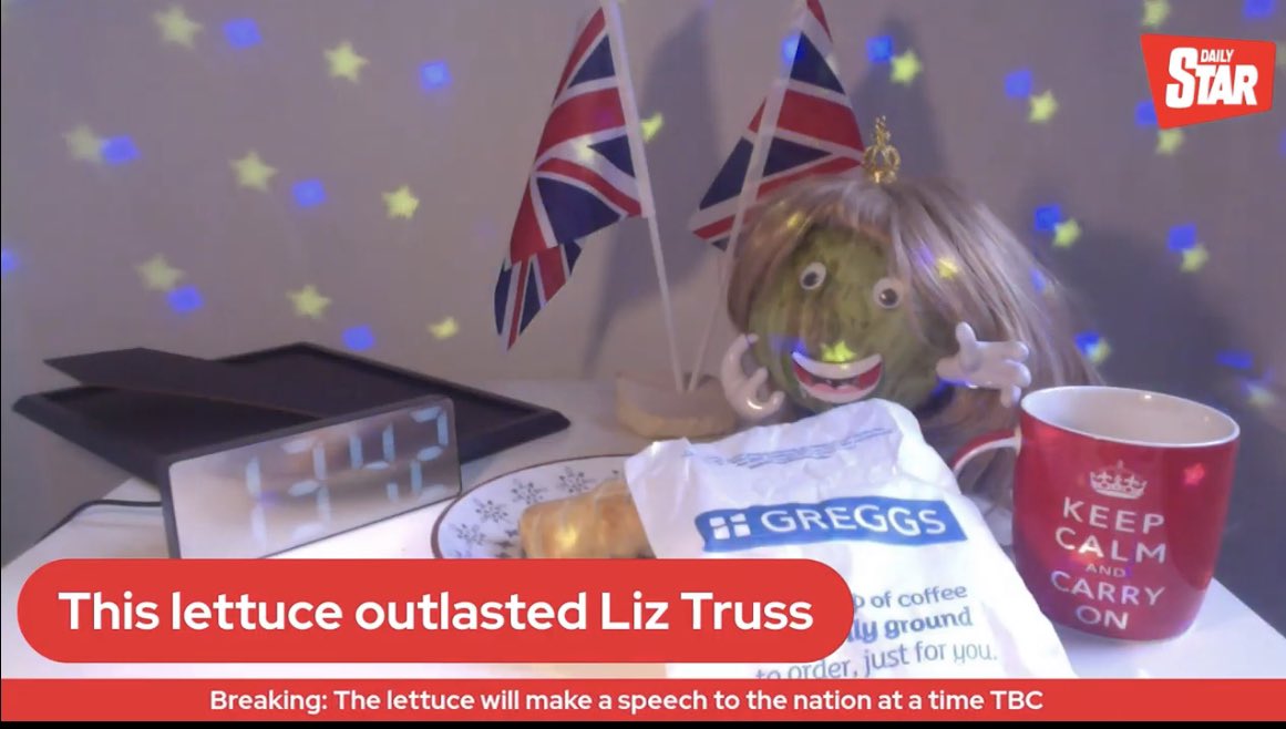 Phil_Lewis_'s tweet photo. A British newspaper put a lettuce on a live head to see if it would outlast Liz Truss. 

It did: https://t.co/g8S1dzOVSq