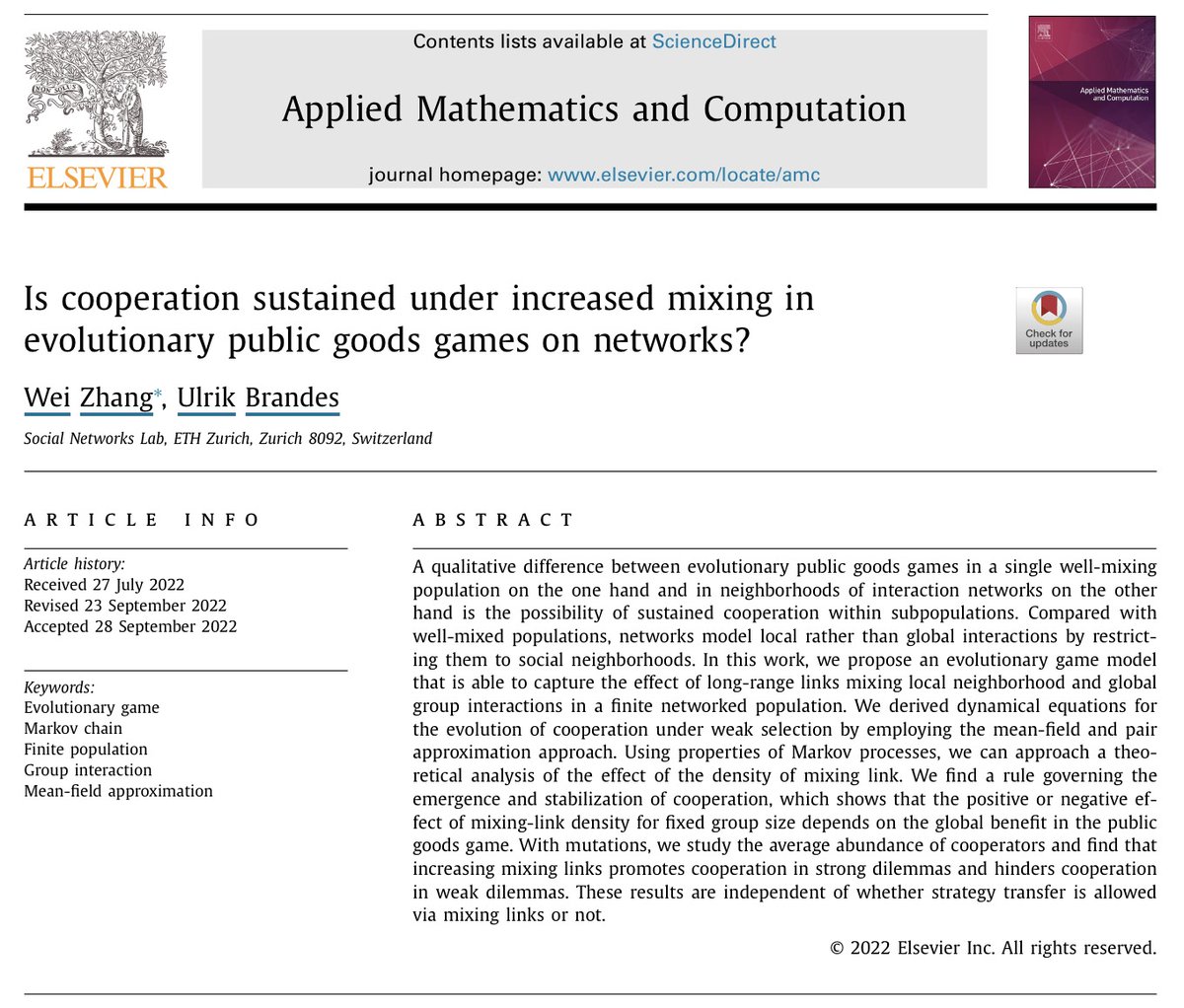 In our new paper, we propose an evolutionary game model to explore the effect of the density of additional long-range links that mix local and global group interactions on a networked population. 
authors.elsevier.com/a/1fxDiLvMgV2Rs