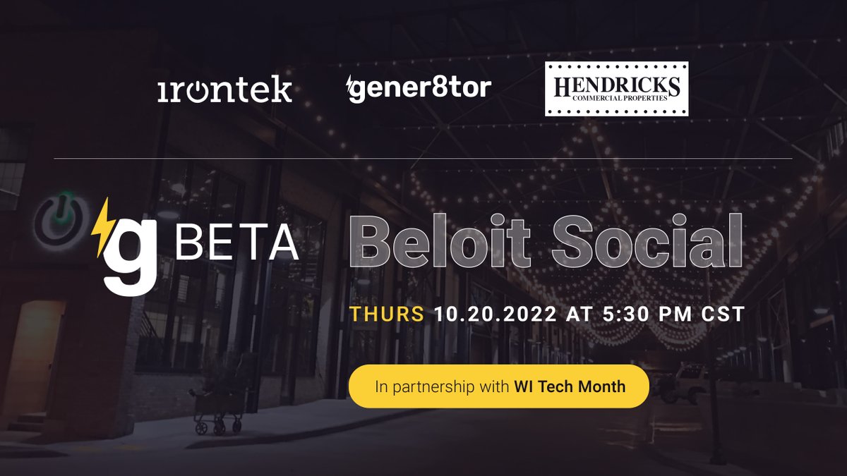 Join @gener8tor & @irontek_beloit for an evening of networking with the startup ecosystem happening in #Beloit! Connect with the most recent gBETA cohort & learn about how you can apply for the next program. RSVP➡️ lnkd.in/gcnP96DZ #WITechMonth @themilkywaymke @swindywindy