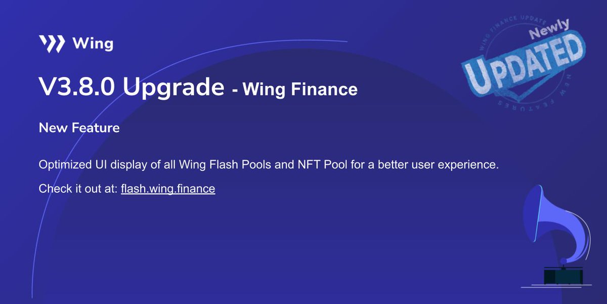 Wing_Finance's tweet image. The upgrade of #Wing Finance V3.8.0 has been completed 🙌

The UI display of all Wing #FlashPools and #NFTPool has been renewed for a better user experience 🤩

Check it out now at flash.wing.finance 🚀