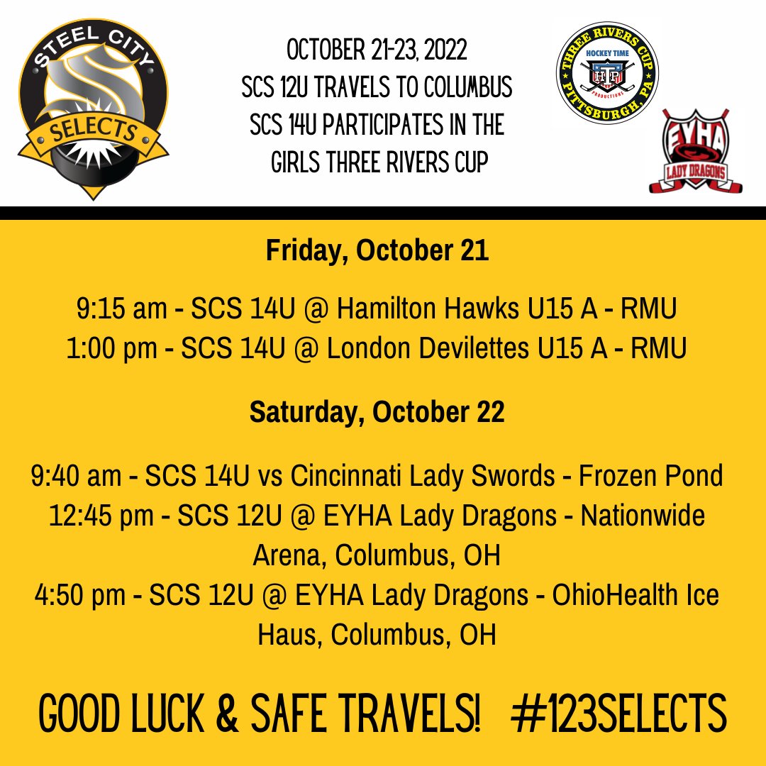 SCSGirlsHockey's tweet photo. This weekend our #SCS14U team will participate in the Girls 3 Rivers Cup while our #SCS12U girls have their 1st games of the season vs the EYHA Lady Dragons. They will play at Nationwide Arena, and return there in the evening to watch the Pens vs Blue Jackets game! #123selects https://t.co/fdn1659MMu