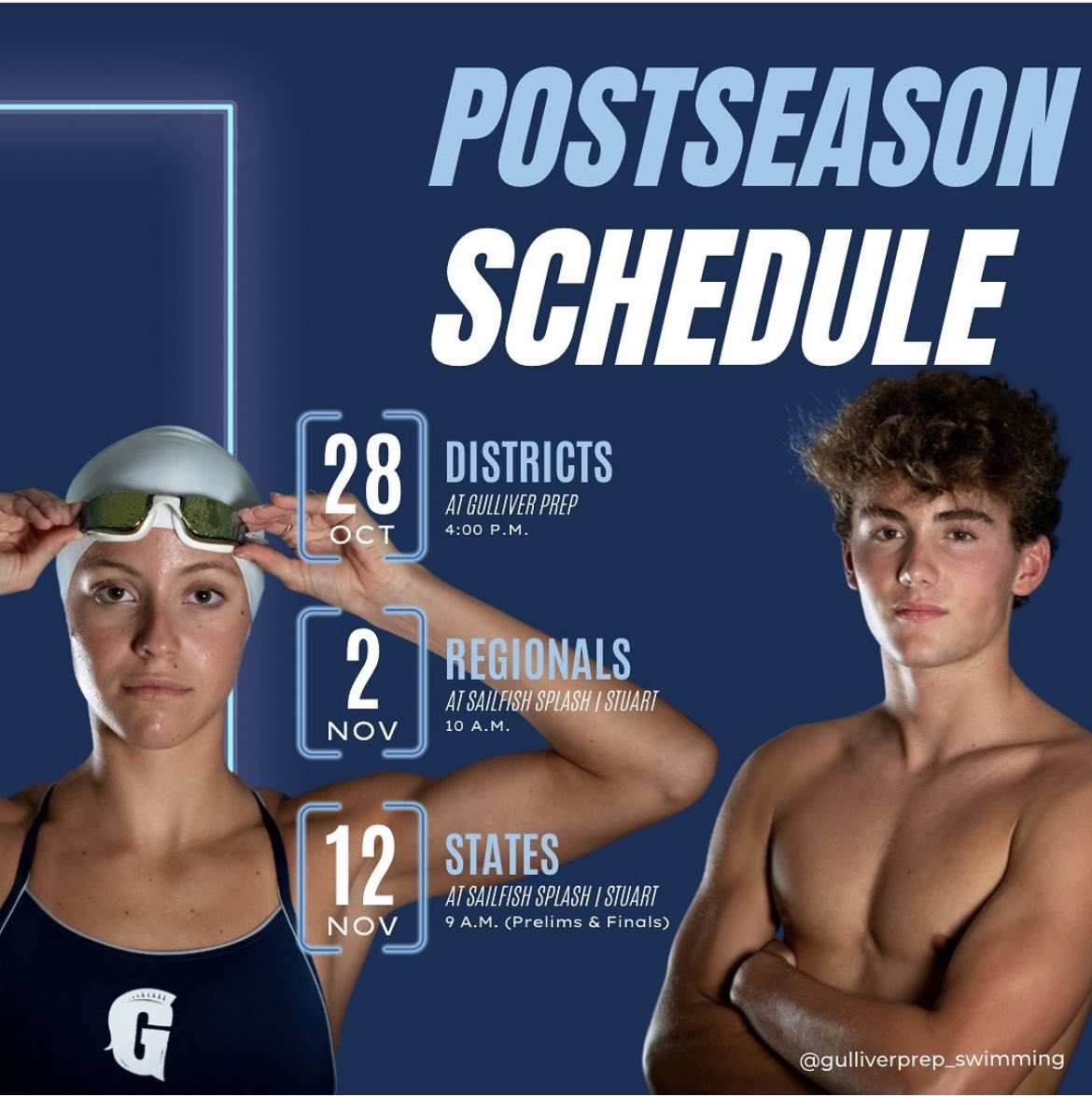 Postseason is here! Check out these important upcoming dates. More information to follow. #goraiders #gulliverprep #swimming #fhsaa #weareunparalleled #highschool