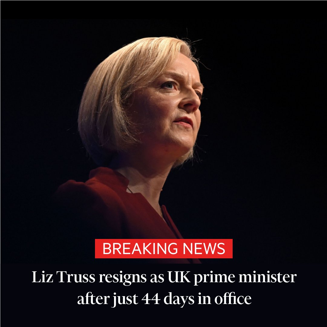 Breaking news: Liz Truss has been forced to quit as UK prime minister, drawing to a dramatic close 44 days in office which saw her preside over an economic meltdown and catastrophic damage to the ruling Conservative party on.ft.com/3sguEIQ
