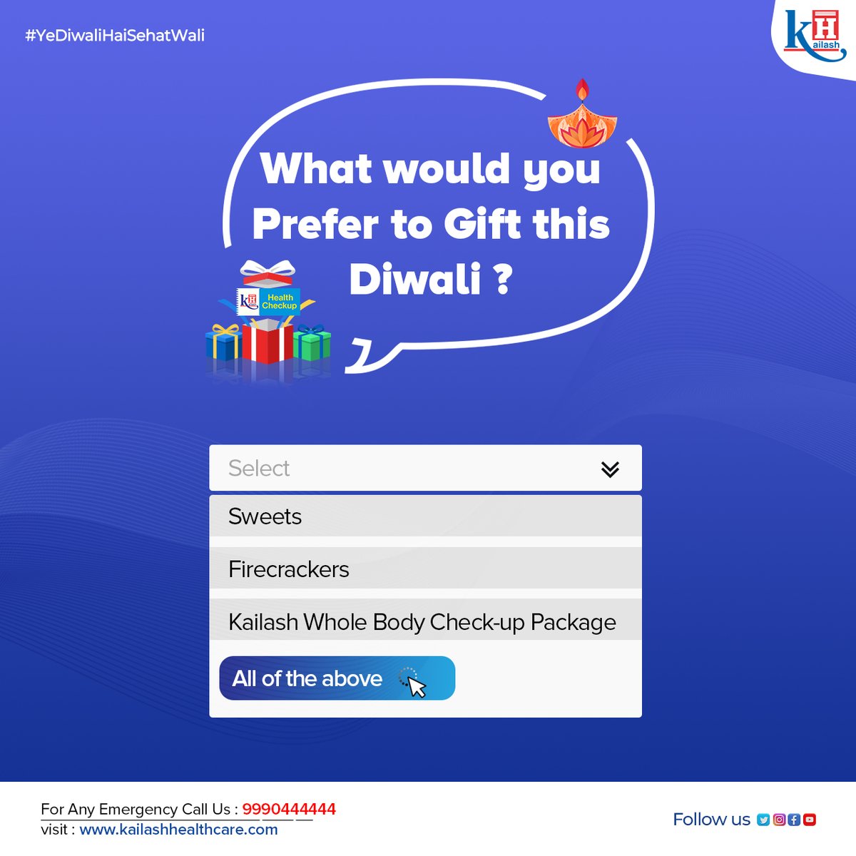 KailashHealth's tweet photo. #Diwali Gifts are believed to bring prosperity &amp; fortune! 

This Diwali Gift your loved ones a Whole Body Health Checkup at Kailash Hospital to ensure Good health too! 

Celebrate Health!

#YeDiwaliHaiSehatWali #diwaligift #healthcheckup #diwaligifting #HealthGift https://t.co/kF2Pe9FQ5w