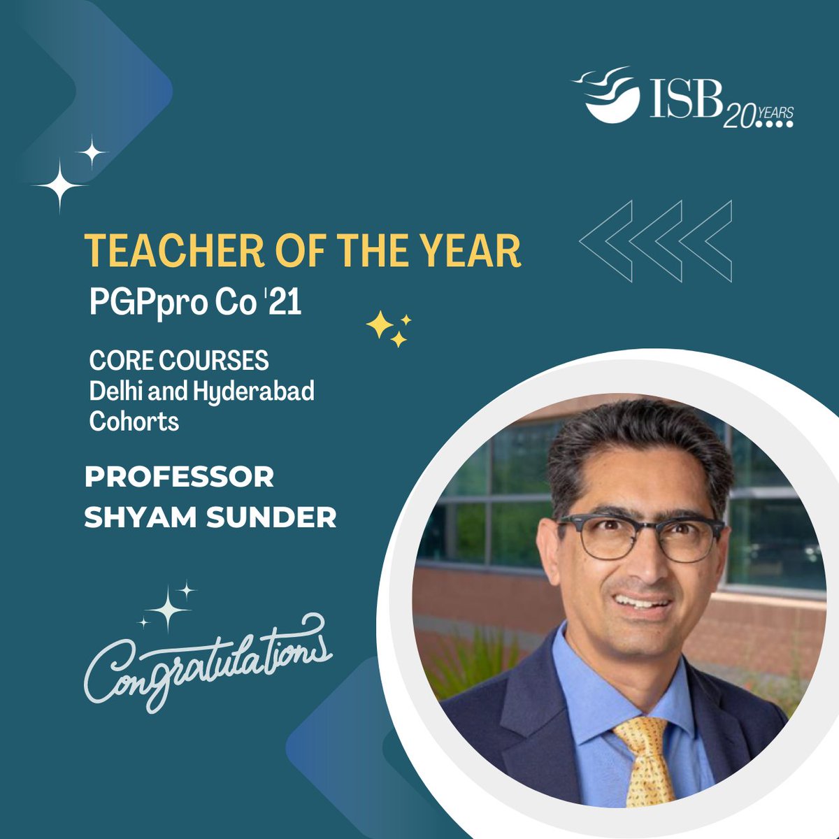 ISBedu's tweet image. Congratulations to Professor Shyam Sunder on being selected as 'Teacher of the Year' for Core Courses by the Post Graduate Programme in Management for Working Professionals (PGPpro Delhi and Hyderabad cohorts) Class of 2021.

#ISBGradDay #ISB #ISBPGPpro