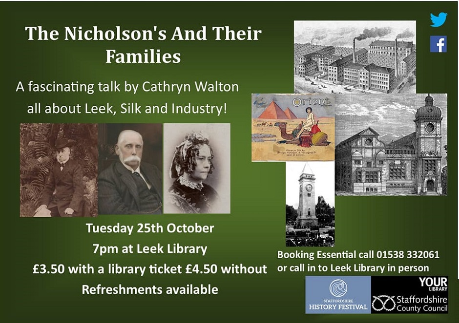 StaffsTourism's tweet photo. 📜It's #staffshistoryfest with @StaffsLibraries 
✅ Discover The Nicholson family with Cathryn Walton on Tuesday 25th with #LeekLibrary. 
✅ Discover Brough, Nicholson &amp; Hall's Cecily Silk Mills, in Cheadle with Cheadle Discovery Group at @CheadleLibrary , display in the foyer. https://t.co/gLFz7Upy1j