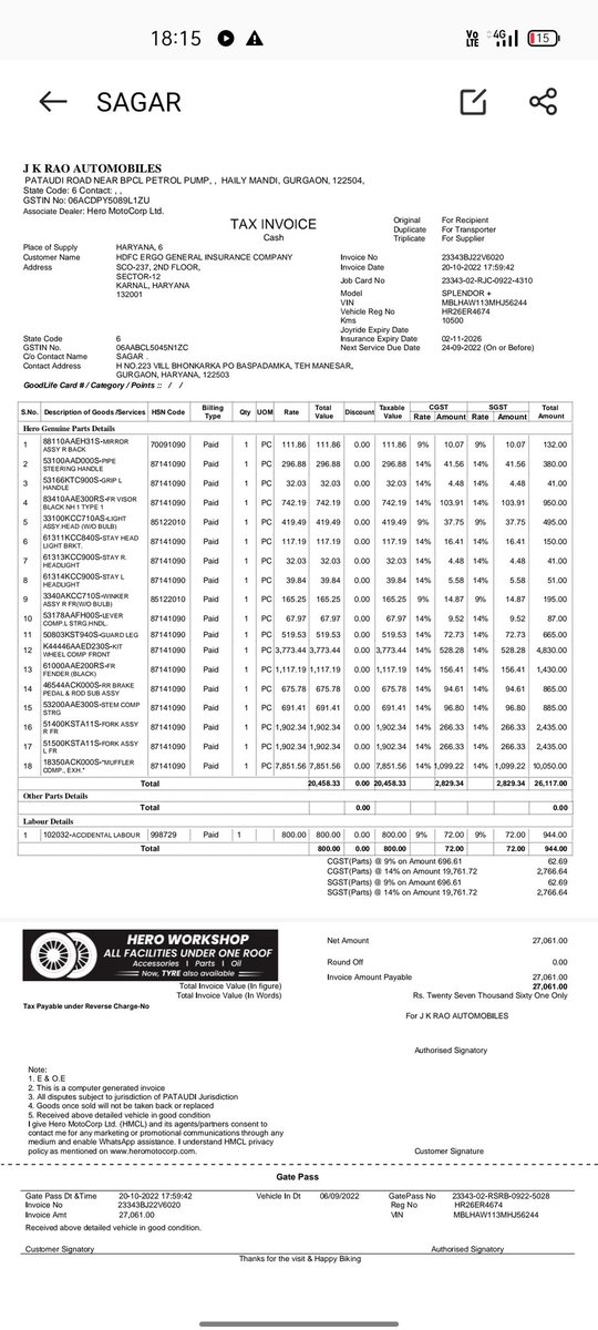 RustagiSagar's tweet photo. @HDFCERGOGIC Sir jk rao motors hero send me today repair bill I force many time but they no reply today they send today please stat further work 

Thank you https://t.co/sCEAJRwIe0