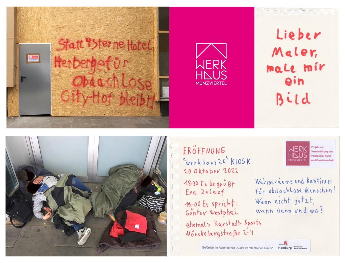 Heute um 18.30 Uhr eröffnet der Info- und Beratungskiosk "Werkhaus 2.0" für von Wohnungslosigkeit betroffene oder bedrohte Menschen im #ZentrumFürZukunft (ehem. Karstadt Sport, Mönckebergstr. 2) in #Hamburg und ich soll Euch alle herzlich dazu einladen! ℹ️ muenzviertel.de/waermeraeume-u…