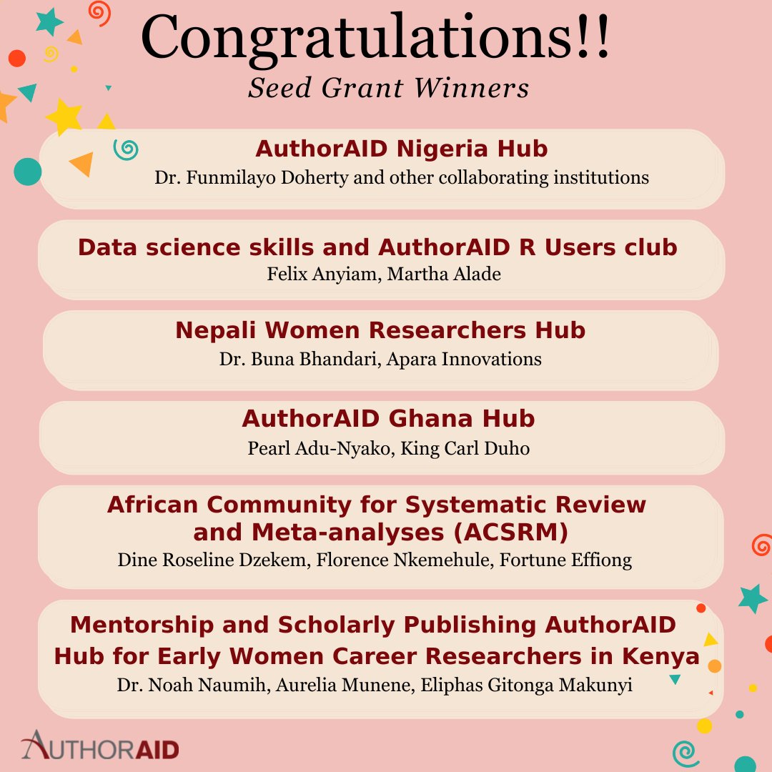 Congratulations!! We are pleased to announce the awardees of our AuthorAID seed grants. These innovative projects will bring together researchers to establish a regional or disciplinary 'hub' from October to December 2022.