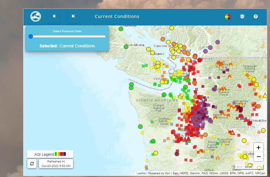 A look at current air quality - showing bad conditions all the way up to the 'Hazardous' category. Don't expect a dramatic improvement this morning - but more of a slow process throughout the day. Air Quality Alerts remain in effect all day today for parts of Western WA. #wawx