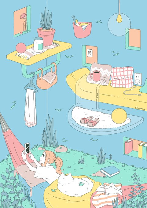 絵を描くとき頑なに「強い感情や表情は描かない」ことにこだわっています。共感されるかわかりませんが、わたしは強い感情の込められた絵を見ると自分と重ねたり、感情に引っ張られたりしやすく、それがつらい時があるので、いつ見てもほっこりする絵を目指しています。 