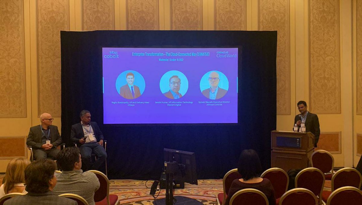 Infosys's tweet photo. It was wonderful to hear from Sylvain Neuvelt and Senthil Kumar sharing their insights with Raghu Boddupally, Infosys, on how Johnson Controls and Western Digital embraced #Cloud to transform their digital landscape at Oracle #CloudWorld. #InfyAtOCW22 #OCW https://t.co/mnRU8dkTrl