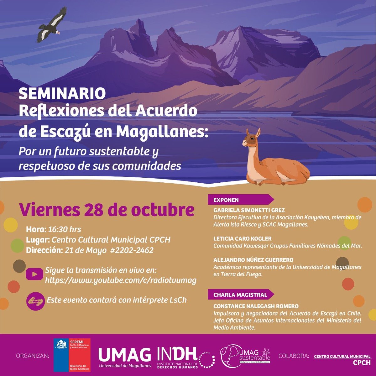 G_Simonetti's tweet photo. #AcuerdoDeEscazú 

🌿🙌Estaré junto a @ConnieNalegach, @LeticiaCaro6 y @VamosFueguinos conversando sobre el Acuerdo de Escazú y su relevancia para Magallanes.

🗓️28 de octubre, 16.30
📍Centro Cultural Municipal CPCH
Inscripciones en oficinadepartesmagallanes@mma.gob.cl https://t.co/aSSeZw5Eaa