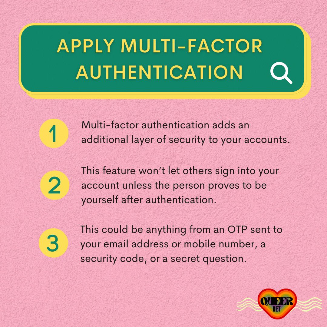 povmumbai's tweet photo. Queer folks,

🔎How do you manage your #privacy?
🔎Is your #password strong enough?
🔎What is multi-factor authentication and why does it matter?

QueerNet has got all the answers.

Read the document: https://t.co/DKVUVGGE9T

#socialmediasecurity #queer #digitalsafety https://t.co/vgdmGEnXbx