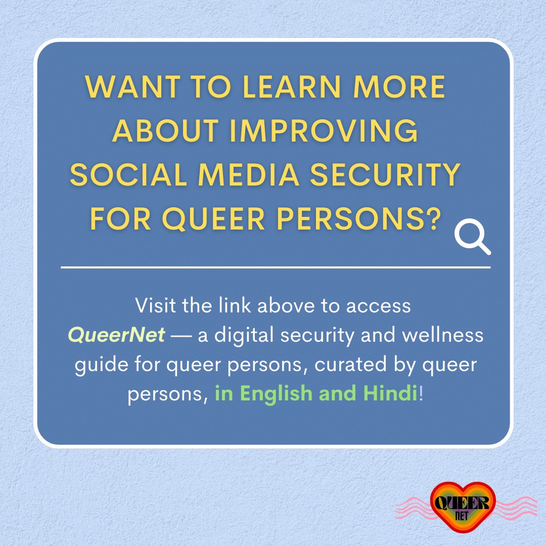 povmumbai's tweet photo. Queer folks,

🔎How do you manage your #privacy?
🔎Is your #password strong enough?
🔎What is multi-factor authentication and why does it matter?

QueerNet has got all the answers.

Read the document: https://t.co/DKVUVGGE9T

#socialmediasecurity #queer #digitalsafety https://t.co/vgdmGEnXbx