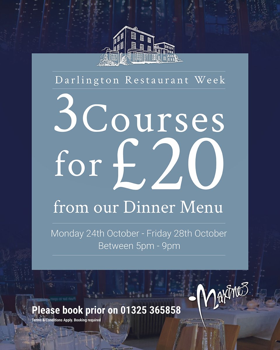 Restaurant Week, 3 Courses for £20.00.

Monday 24th October - Friday 28th October. 5pm - 9pm.

To book, please phone 01325 365858

#resturantweek