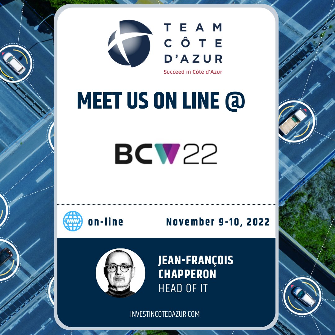 Invest in Côte d'Azur (@investcotedazur) on Twitter photo Team Côte d'Azur will attend @BCWevent on-line
🤝 Meet with <a href="/jfchapperon/">JF CHAPPERON</a>, Head of #IT
📆 November 9-10, 2022
➕The event: bit.ly/3CXQ4B3
➕ Côte d'Azur IT sector: bit.ly/3lcheZr
#investincotedazur #bcw22 #smartvehicle #digitaltransformation Team Côte d'Azur will attend @BCWevent on-line
🤝 Meet with <a href="/jfchapperon/">JF CHAPPERON</a>, Head of #IT
📆 November 9-10, 2022
➕The event: bit.ly/3CXQ4B3
➕ Côte d'Azur IT sector: bit.ly/3lcheZr
#investincotedazur #bcw22 #smartvehicle #digitaltransformation